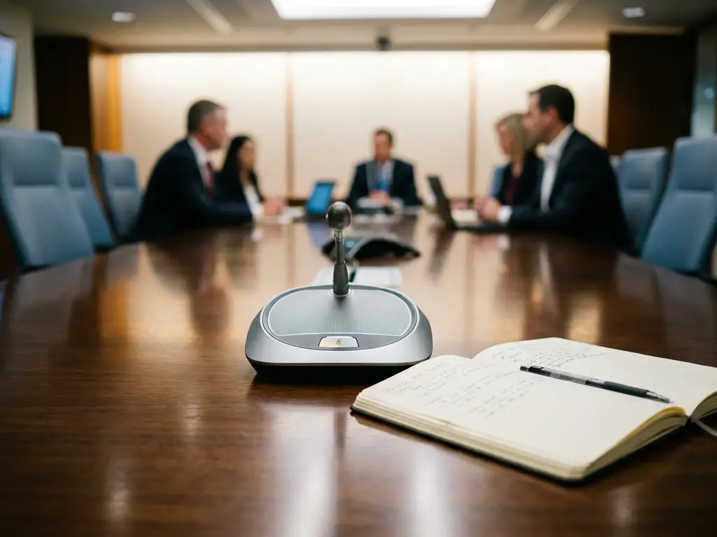 Vergadermicrofoon op gepolijste tafel naast een opengeslagen notitieboek met pen, tijdens een actieve meeting.