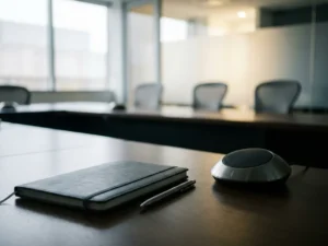 Notitieboek met pen naast een vergadermicrofoon op een glanzende tafel, moderne boardroom op de achtergrond.