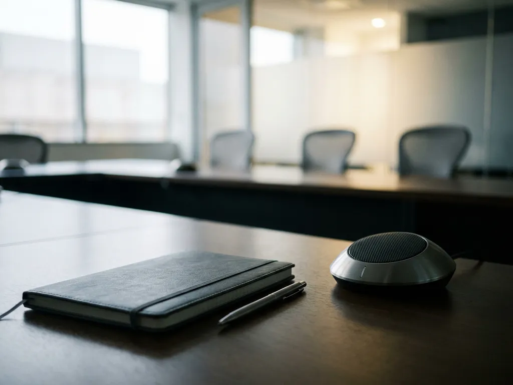 Notitieboek met pen naast een vergadermicrofoon op een glanzende tafel, moderne boardroom op de achtergrond.