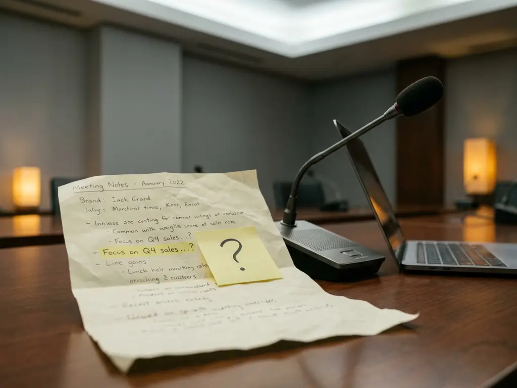 Verfrommeld vergadernotitie op conferentietafel met microfoon, laptop en sticky note met vraagteken erop.