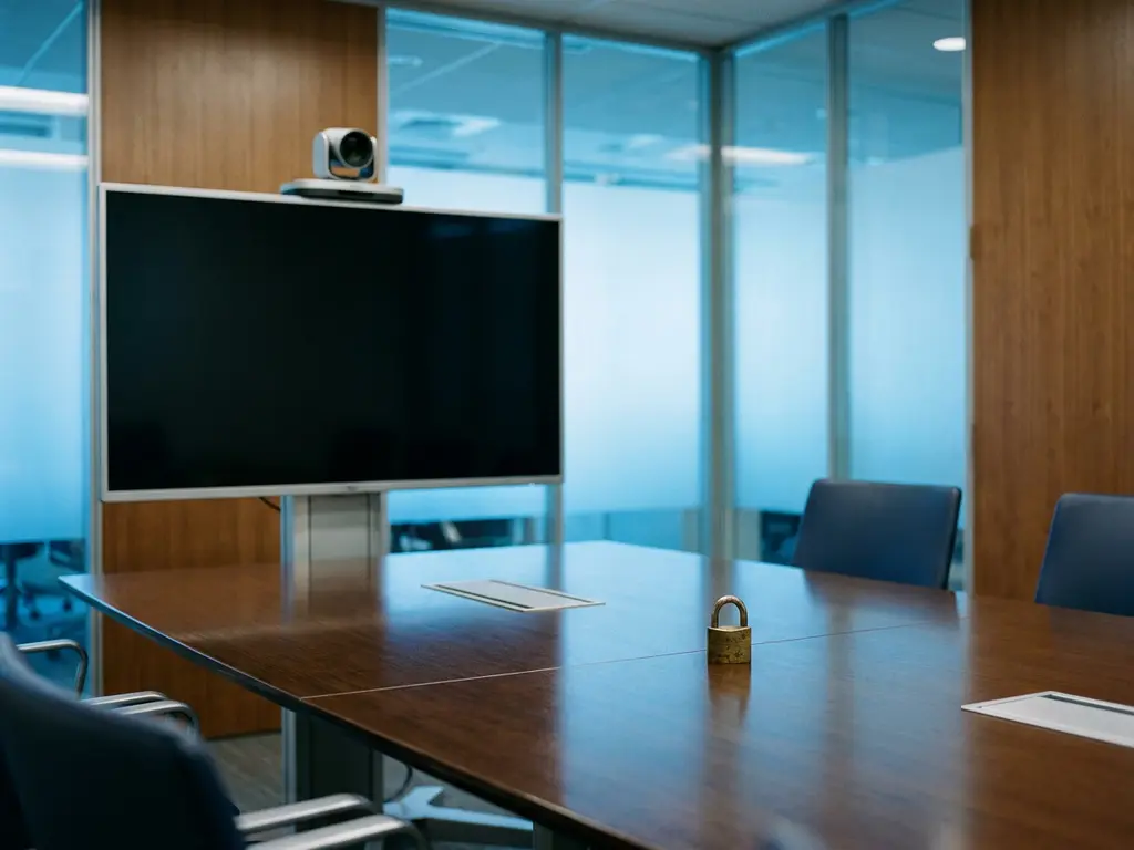 Conferentiecamera op monitor in lege vergaderzaal met fysiek hangslot op tafel, blauwe sfeerverlichting en glazen wanden.