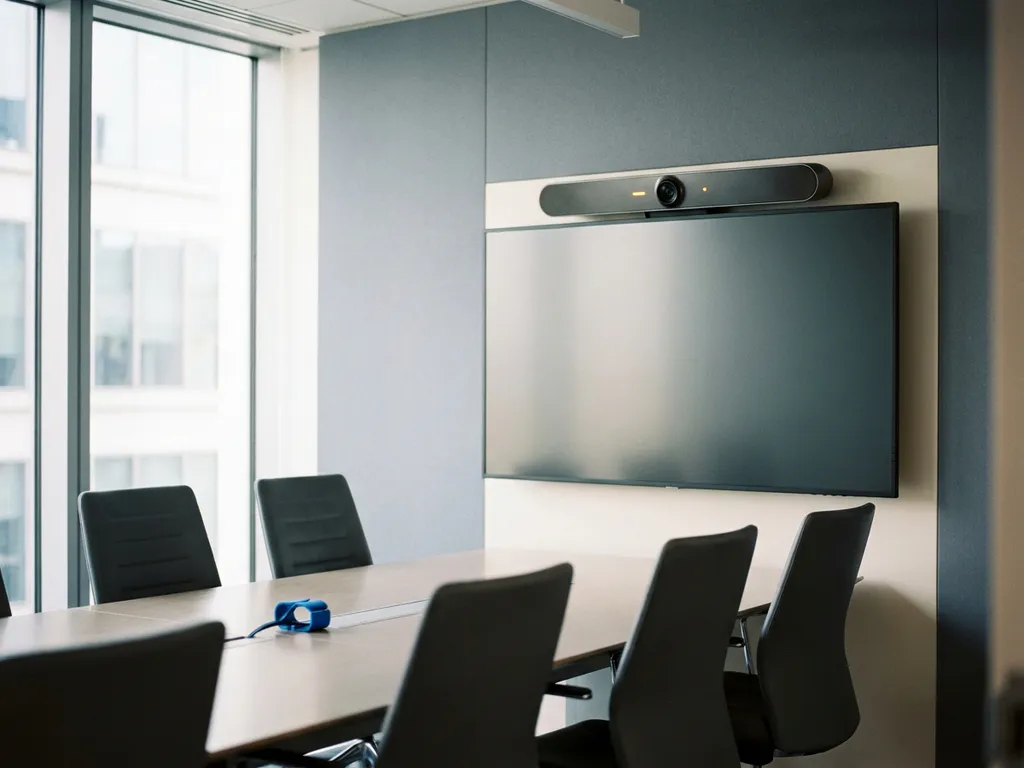 Vergaderkamercamera boven beeldscherm scant lege conferentietafel met ergonomische stoelen, amber indicatielampje zichtbaar.