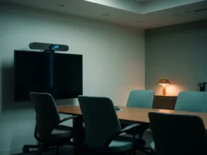 Vergaderkamer met conferentiecamera op monitor, lege ergonomische stoelen rond glanzende tafel, zacht omgevingslicht in tinten teal en antraciet.