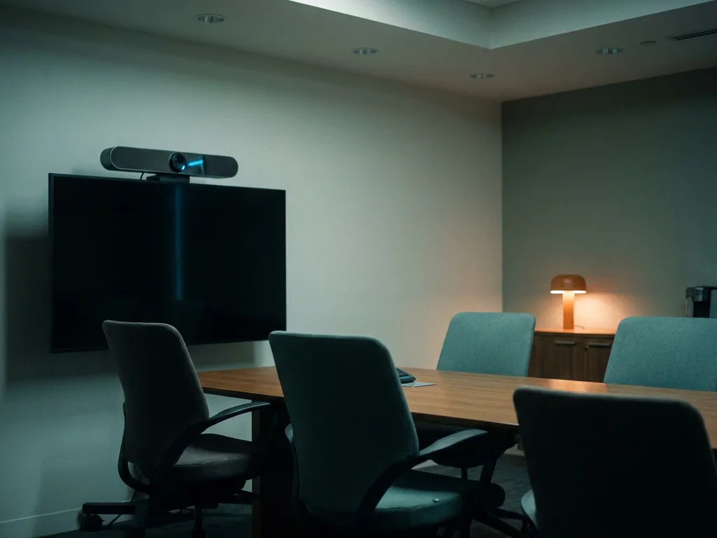 Vergaderkamer met conferentiecamera op monitor, lege ergonomische stoelen rond glanzende tafel, zacht omgevingslicht in tinten teal en antraciet.