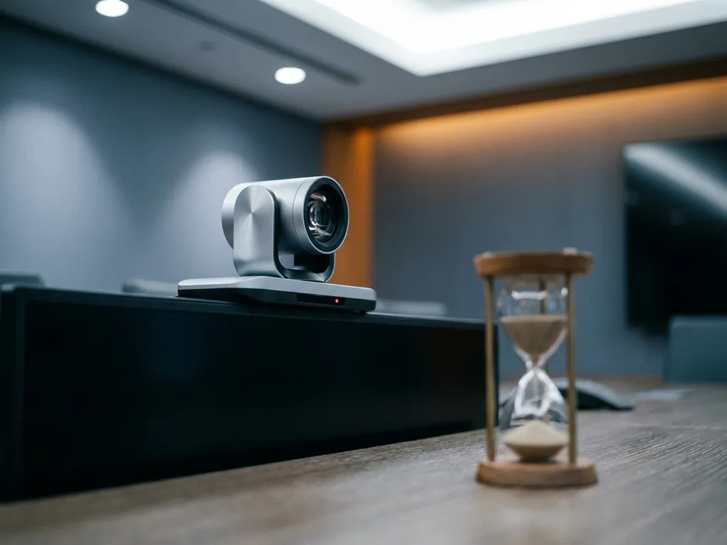Professionele vergaderkamercamera op monitor met rood opnamelampje, zandloper op conferentietafel, moderne boardroomomgeving.