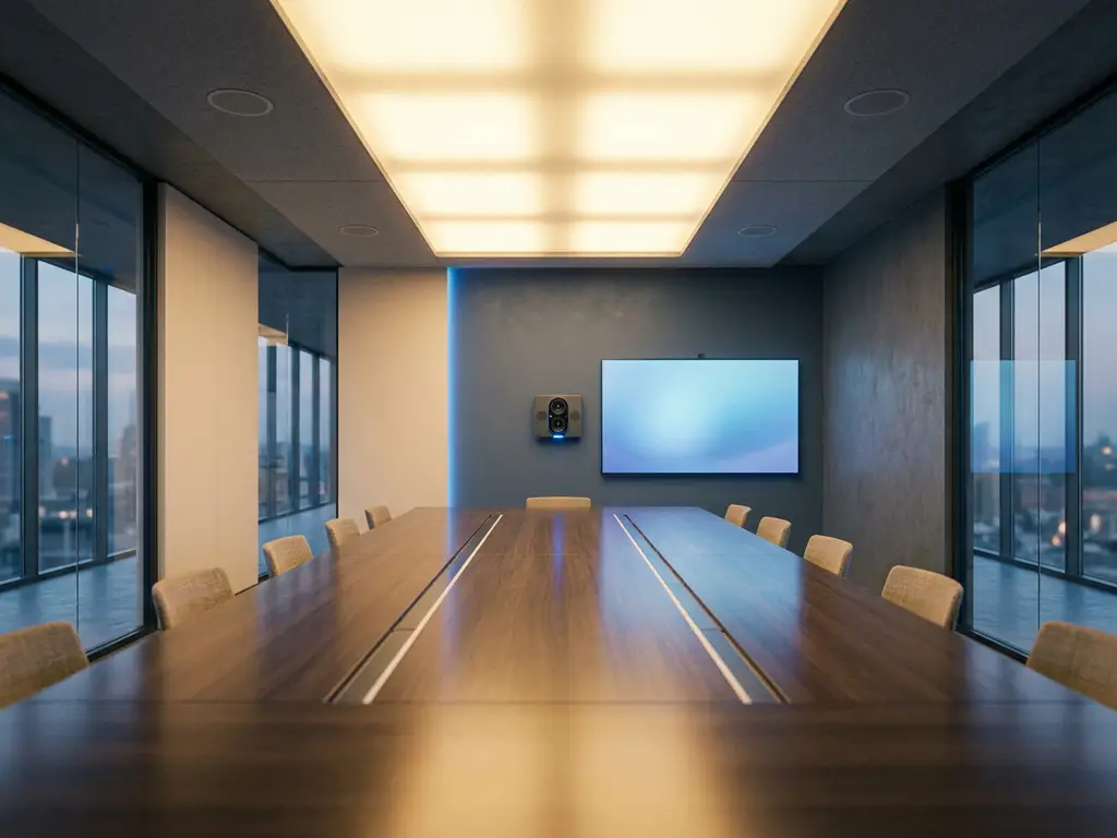 Lege vergaderruimte met AI-camera aan het hoofd van de tafel, ingebouwde microfoons en glazen wanden in grijs-wit-blauw interieur.