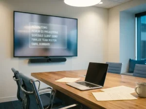 Moderne vergaderruimte met videobar, laptopen handgeschreven notities op tafel, en een AI-takenlijst op het grote scherm.