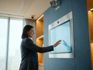 Professional raakt touchscreen aan in moderne vergaderruimte met slimme camera en plafondmicrofoon, zachte ambient verlichting.