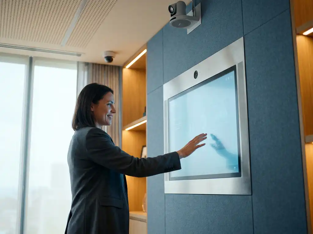 Professional raakt touchscreen aan in moderne vergaderruimte met slimme camera en plafondmicrofoon, zachte ambient verlichting.