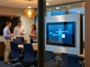Touchscreen boekingspaneel naast glazen vergaderzaal met automatisch vullende kalenderslots en collega's op de achtergrond.