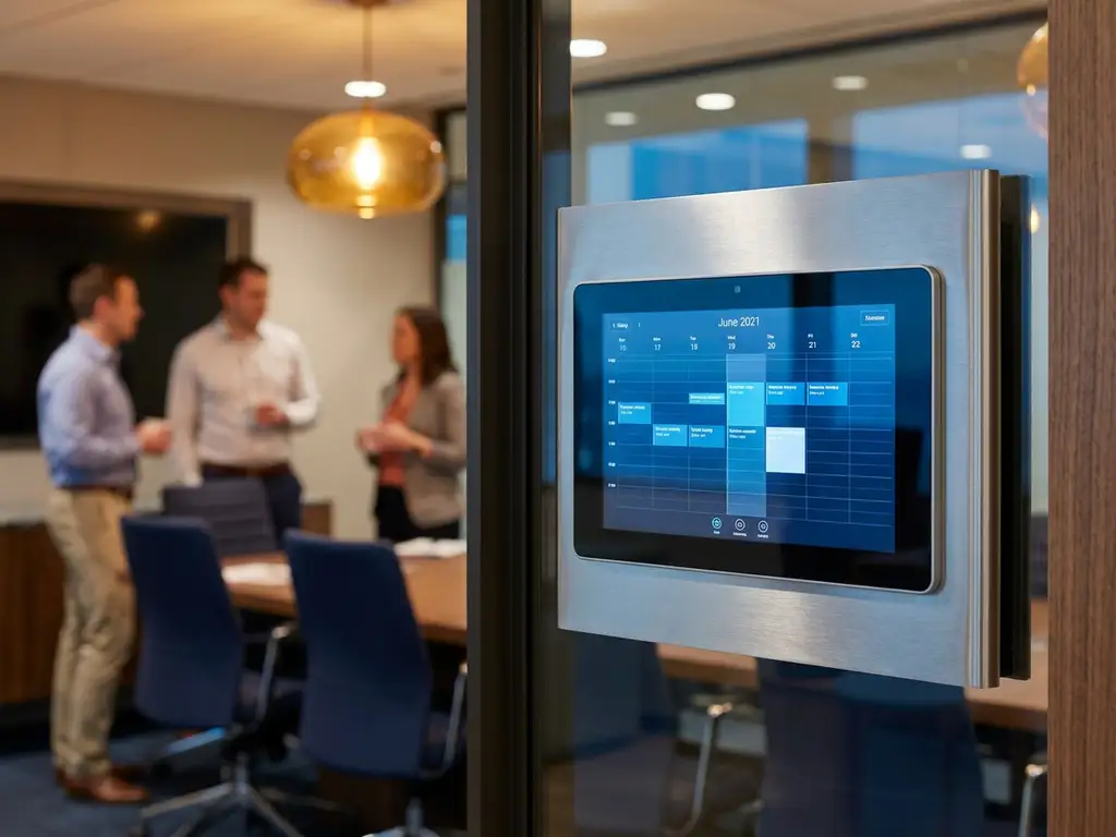 Touchscreen boekingspaneel naast glazen vergaderzaal met automatisch vullende kalenderslots en collega's op de achtergrond.