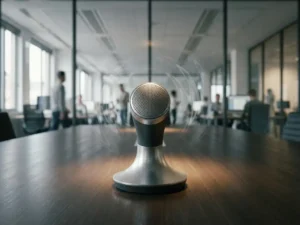 Conferentiemicrofoon op vergadertafel met zichtbare geluidsgolven, glazen kantoorwand op de achtergrond.