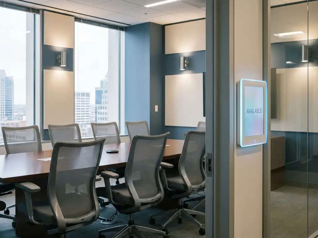 Moderne vergaderruimte met ergonomische stoelen, glazen deur met digitaal reserveringspaneel en groot raam met natuurlijk daglicht.