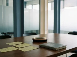 Moderne vergadertafel met sticky notes, notitieboek en gloeiende speakerphone in een stijlvolle boardroom met natuurlijk licht.