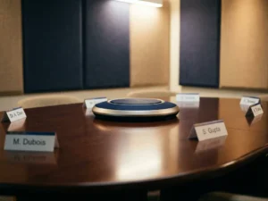 Professionele microfoonarray op gepolijste ovale vergadertafel, omgeven door akoestische panelen en meertalige naamplaatjes in marineblauw en champagne tinten.