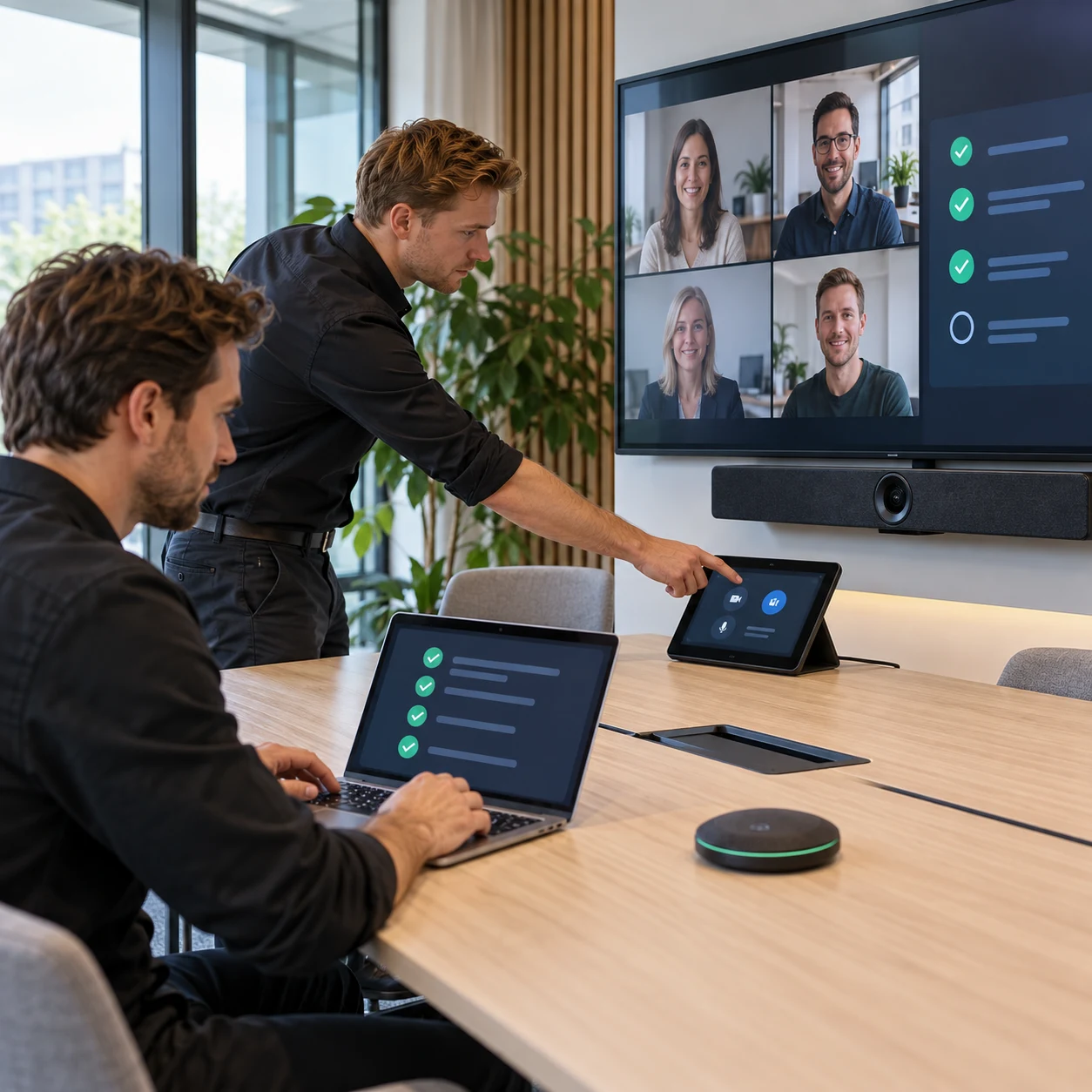Twee AV-specialisten testen AI-functies met een bedieningspaneel, laptop en videobar in een vergaderruimte.