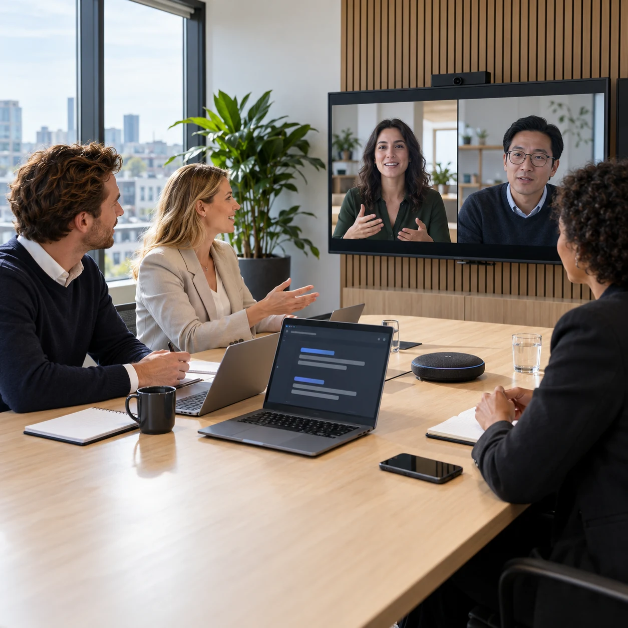 Werkt AI-notuleren ook met meerdere talen? Internationale hybride vergadering met AI-notuleren in meerdere talen op een laptop.