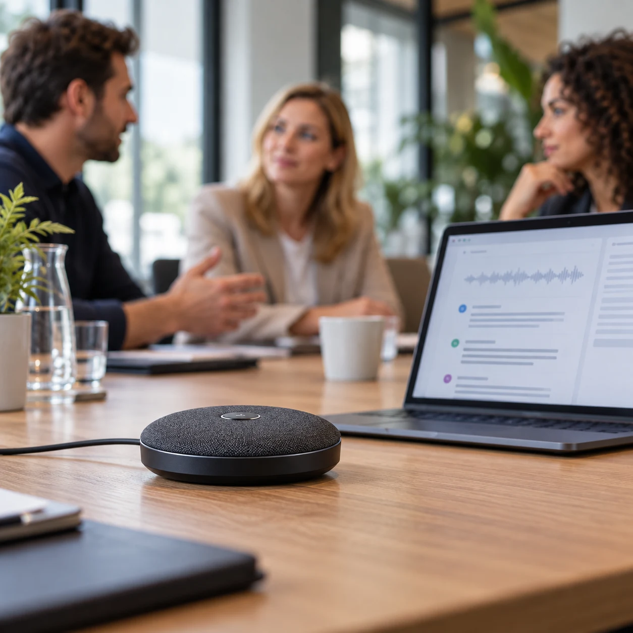 Conferentiemicrofoon en laptop met notitie-interface tijdens een overleg in een vergaderruimte.
