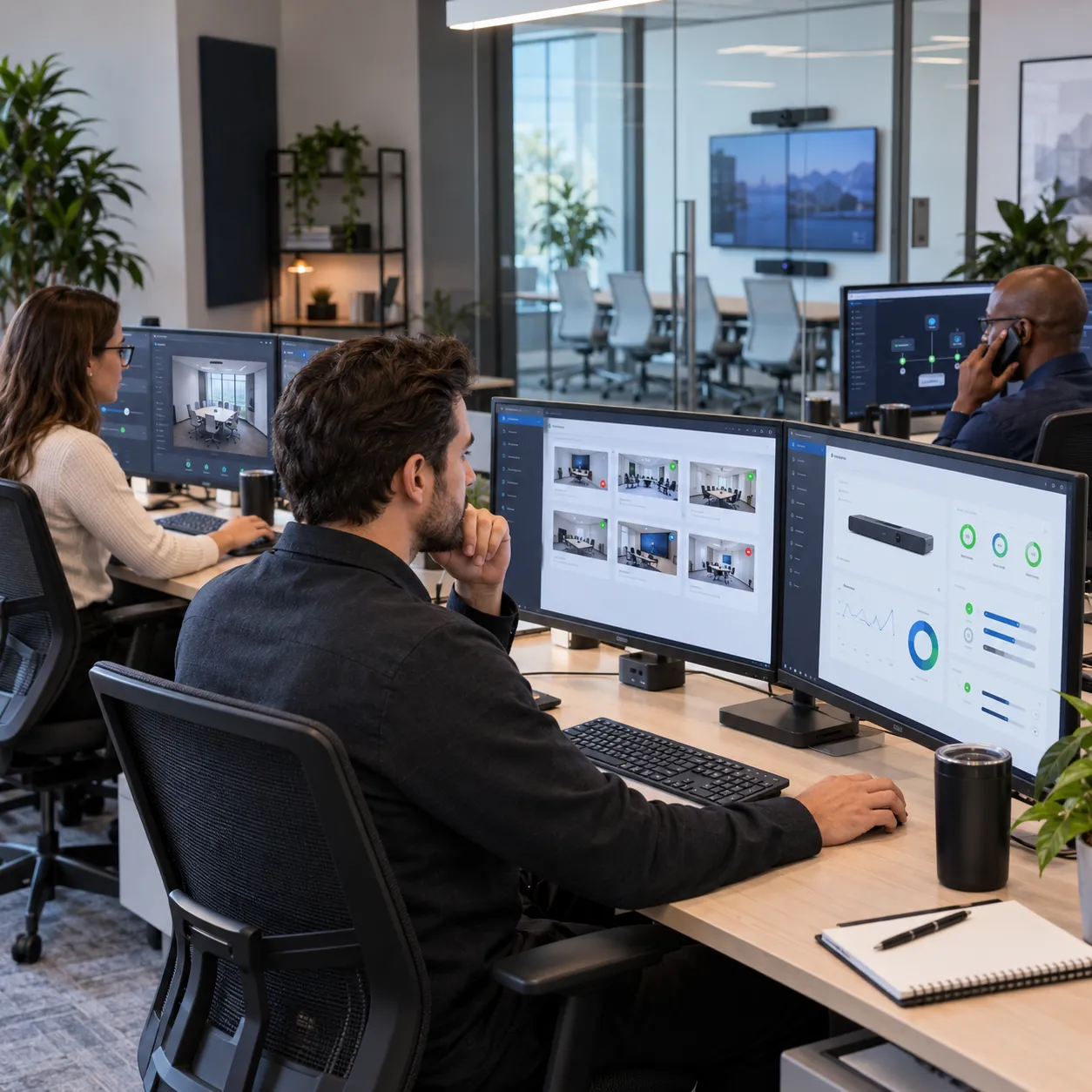 AV-beheer op afstand door een helpdesk Drie AV-supportmedewerkers beheren audiovisuele systemen op afstand vanuit een professionele helpdeskomgeving.