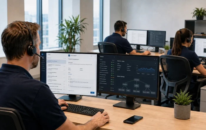 Servicemedewerker van Presentation Partner controleert AV-apparatuur in een vergaderruimte