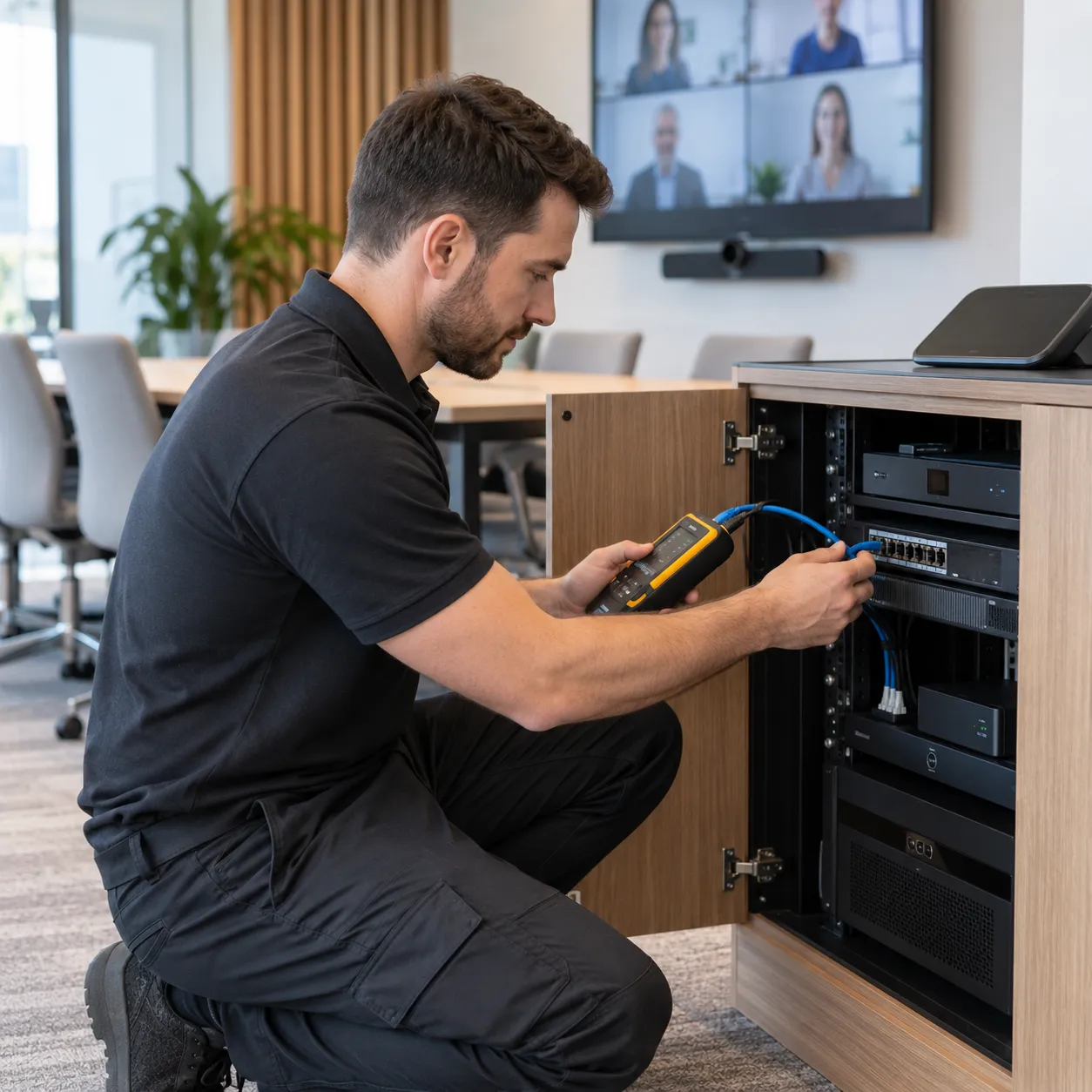 av-service-op-locatie AV-monteur controleert de bekabeling van een compact apparatuurrek in een moderne vergaderruimte.