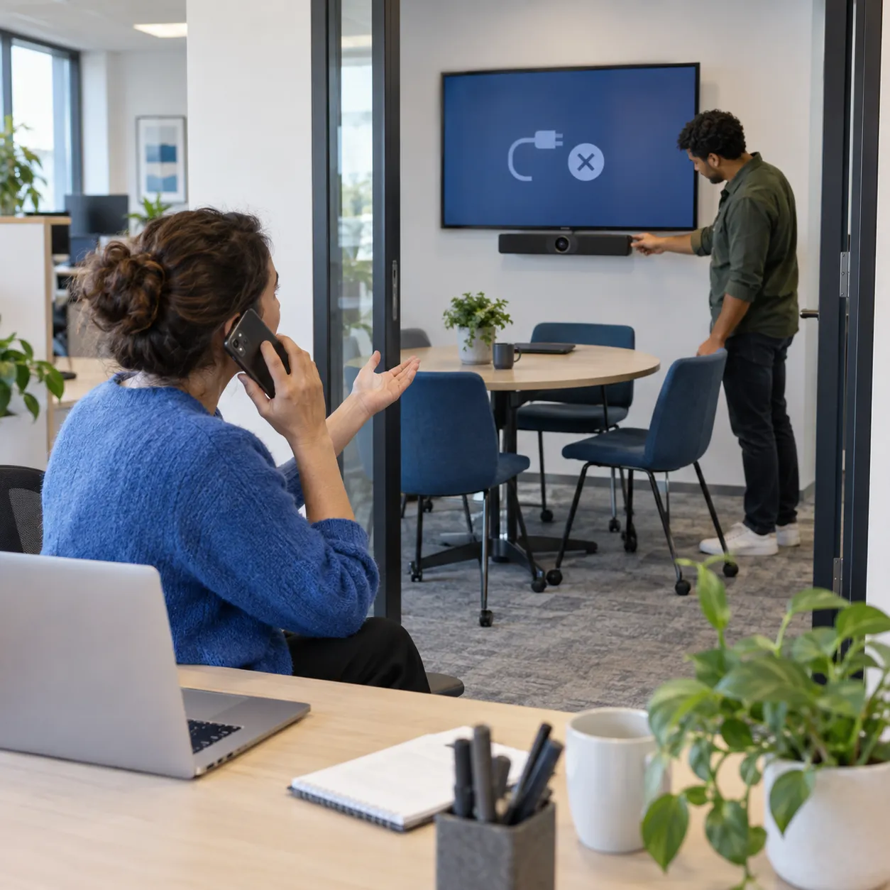 av-service-zonder-service-abonnement Medewerker vraagt telefonisch hulp bij een storing aan de audiovisuele apparatuur in een vergaderruimte.