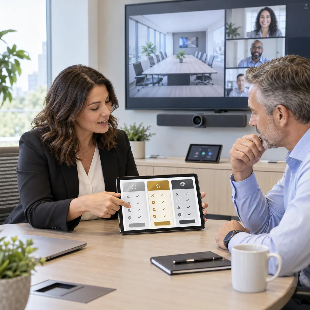 av-serviceabonnement-advies Serviceadviseur en facilitair manager vergelijken drie AV-serviceabonnementen op een tablet.