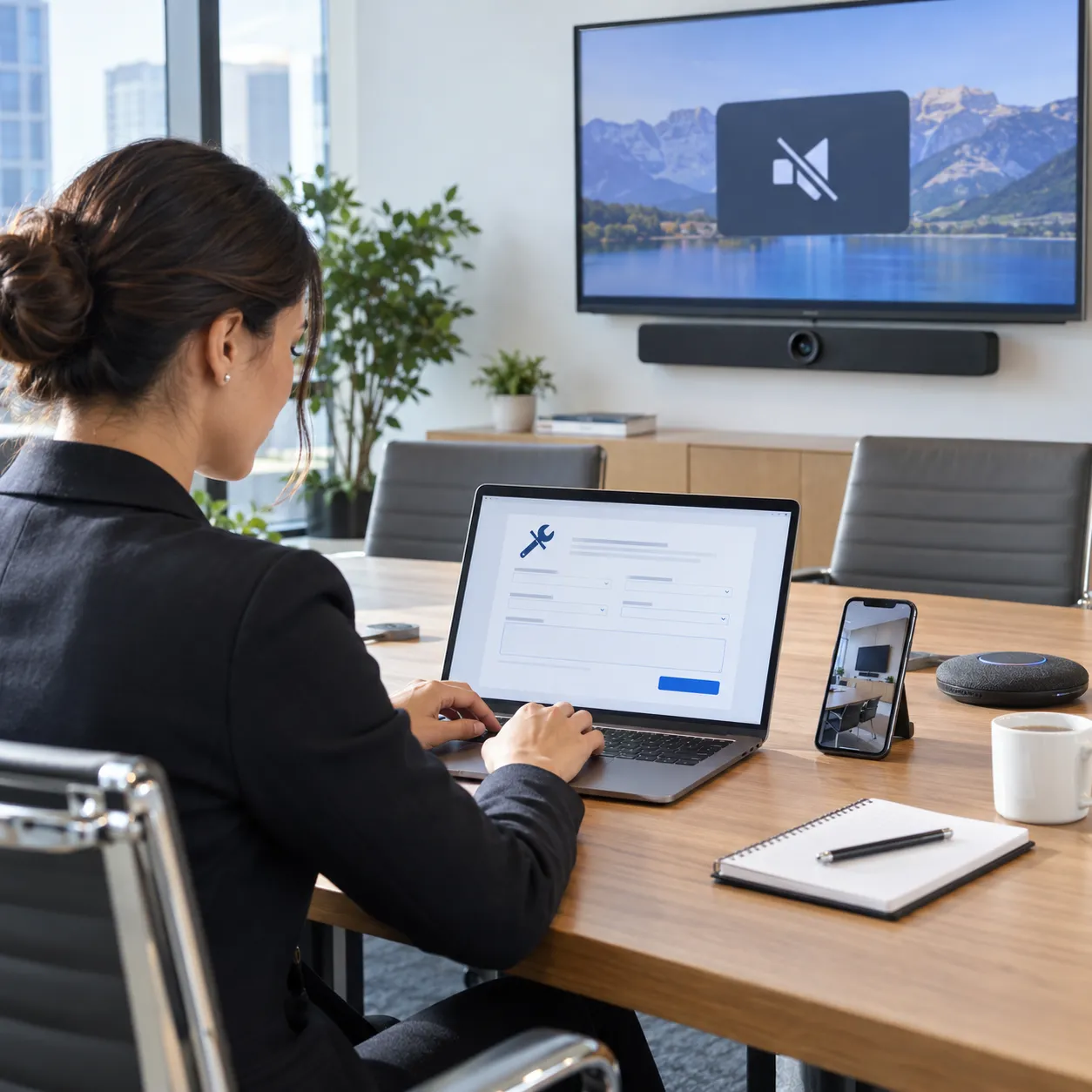 av-storing-melden-servicedesk Kantoormedewerker vult op een laptop een supportformulier in bij audiovisuele vergaderapparatuur.