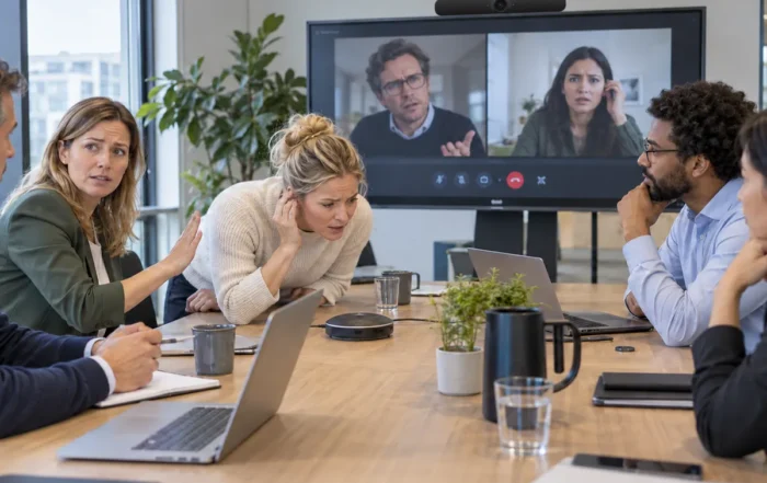 Collega’s testen beeld en geluid in een hybride vergaderruimte