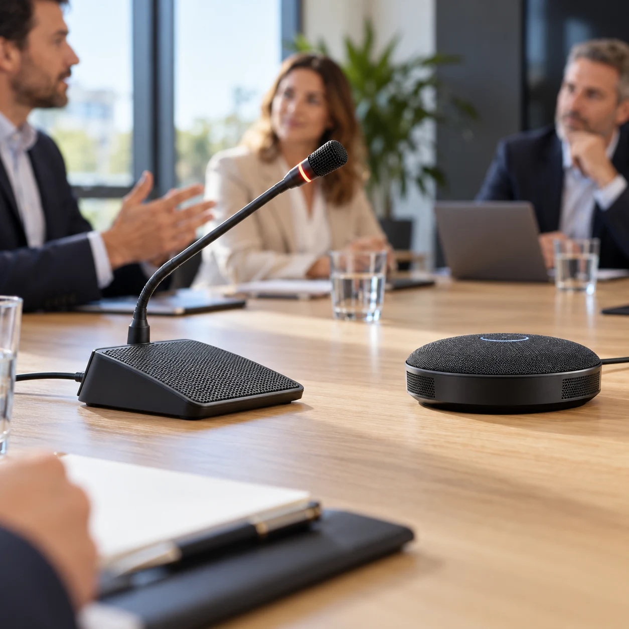 Twee professionele microfoons voor AI-notulen op een vergadertafel tijdens een overleg.
