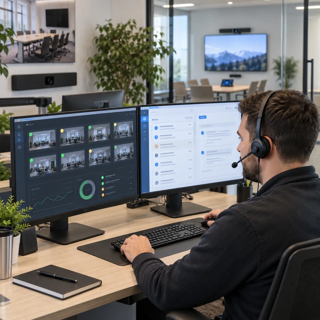 Remote support en AV-monitoring AV-supportspecialist bekijkt een monitoringdashboard en een serviceticket op twee verschillende beeldschermen.