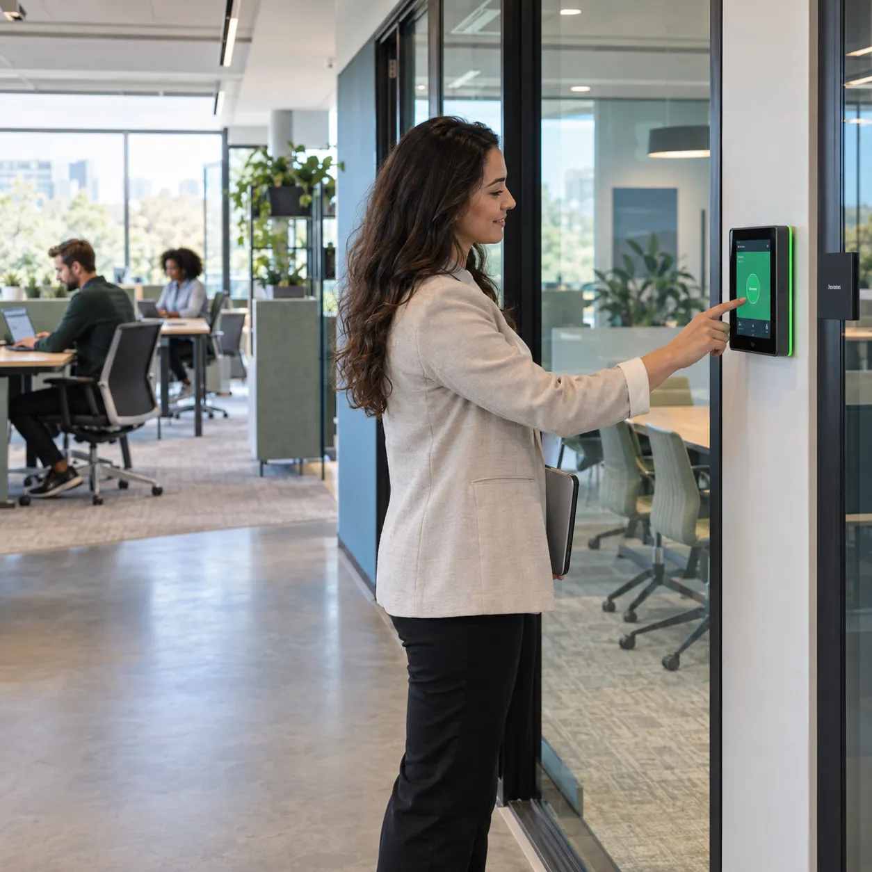 ruimte-en-werkplekreserveringssysteem Medewerker reserveert een vergaderruimte via een digitaal reserveringspaneel in een moderne kantooromgeving.