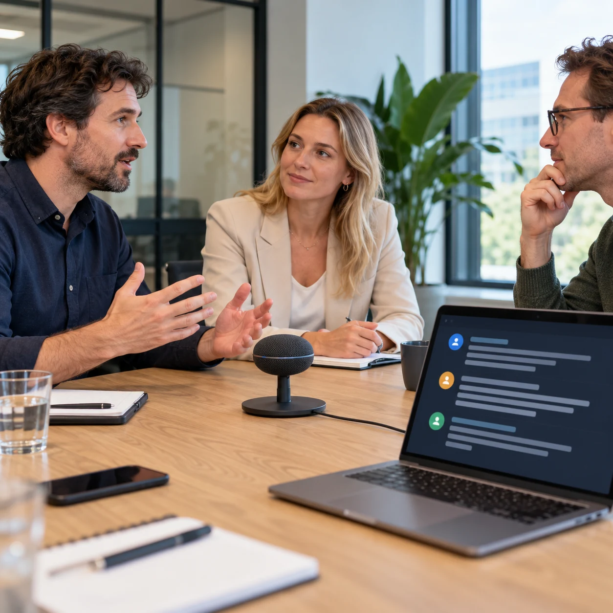 Kan AI herkennen wie er spreekt in een vergaderruimte? Drie deelnemers aan een overleg met een microfoon en sprekerherkenning op een laptopscherm.