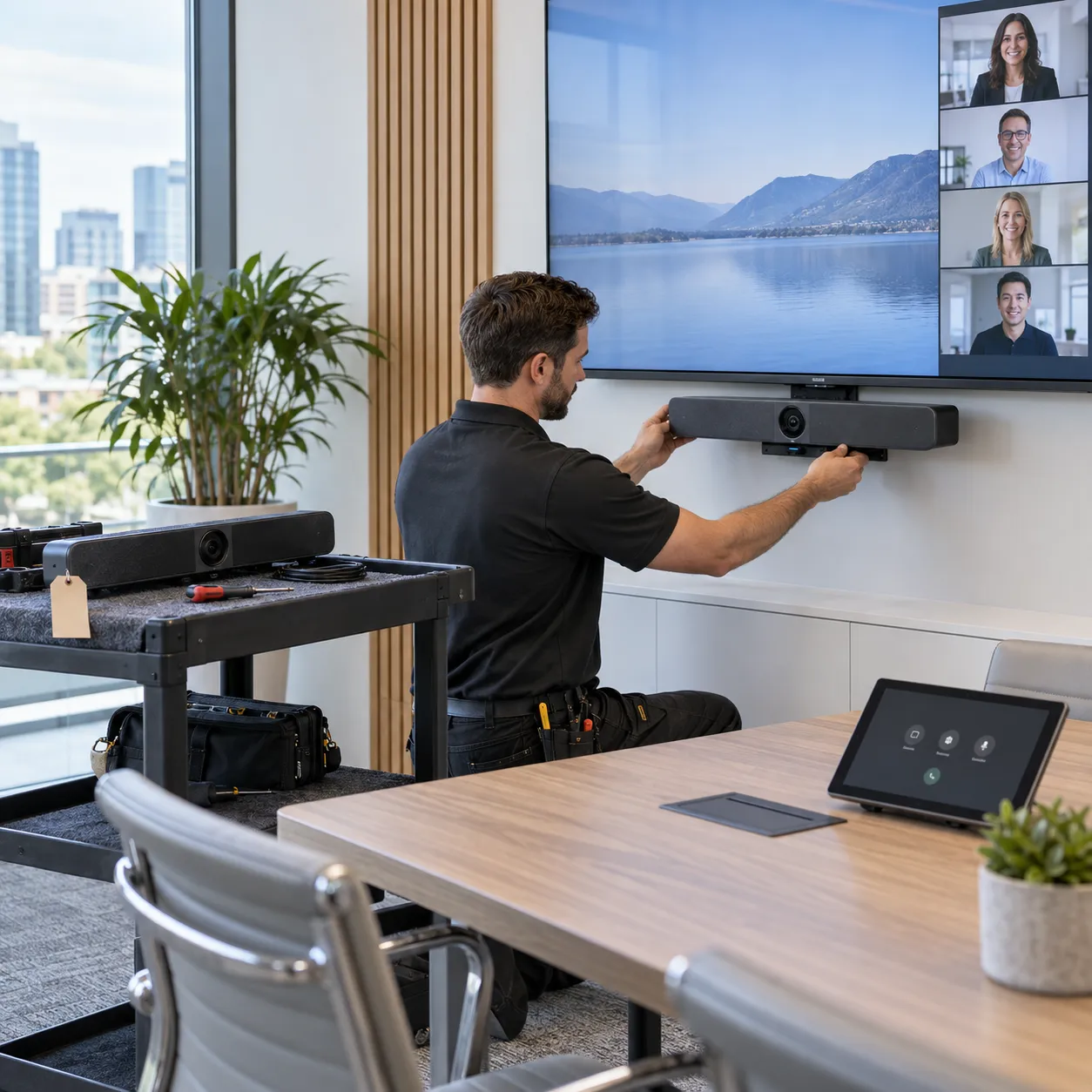 vervangende-av-apparatuur AV-monteur installeert tijdelijk vervangende videoconferentieapparatuur in een moderne vergaderruimte.