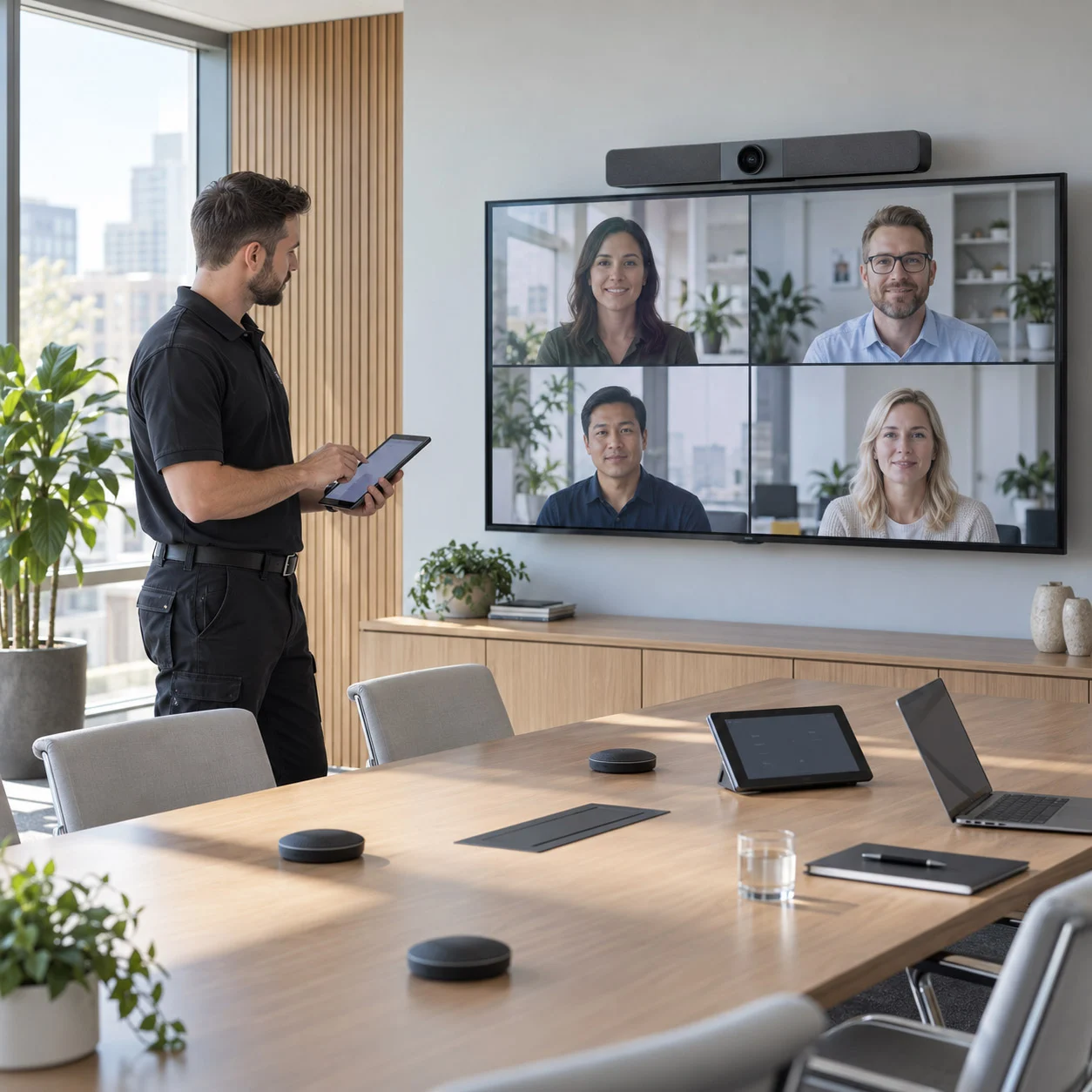 waarom-av-onderhoud-presentation-partner AV-technicus controleert audiovisuele apparatuur in een moderne vergaderruimte.