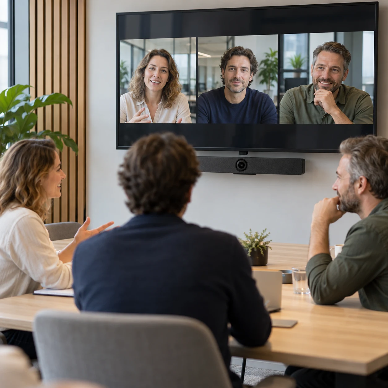 Videobar met AI-camera onder een scherm met afzonderlijk gekaderde vergaderdeelnemers.