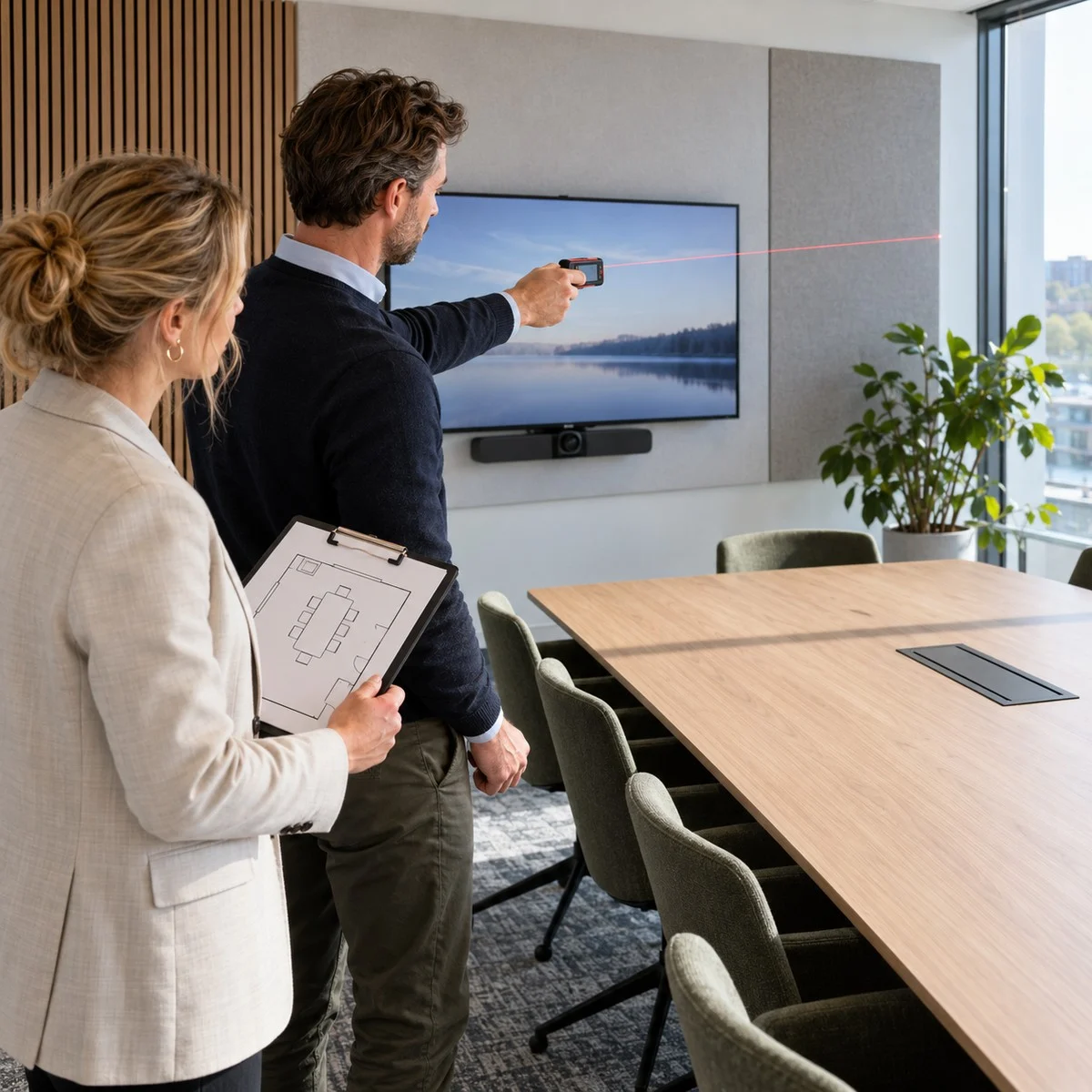 Informatie voor AV-advies over een vergaderruimte AV-adviseur meet een vergaderruimte terwijl een collega een plattegrond vasthoudt.