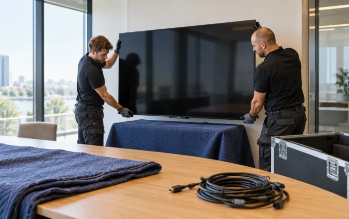 Twee AV-installateurs bereiden een groot vergaderscherm voor op transport naar een nieuw kantoor.