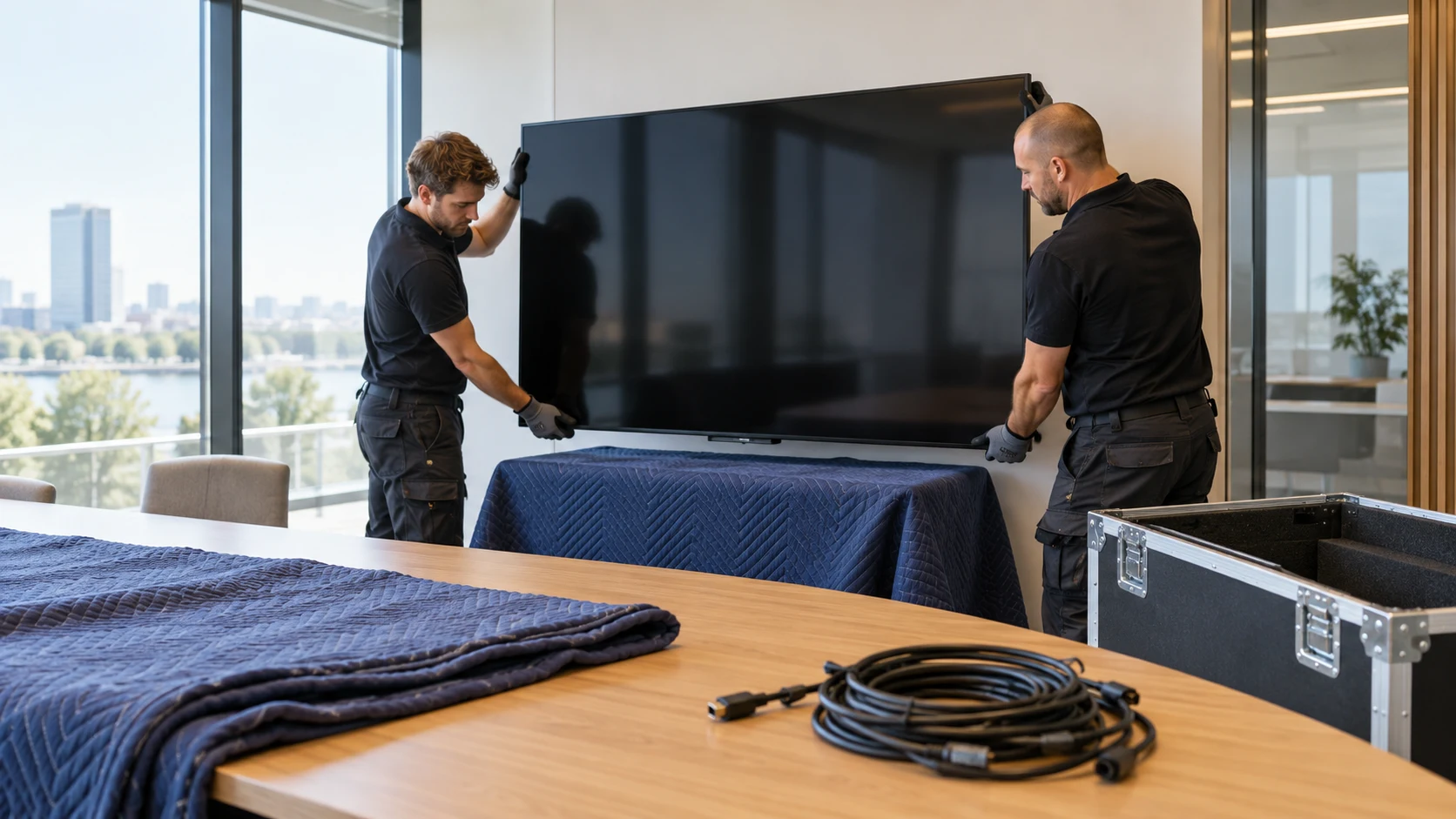 AV bij een kantoorverhuizing Twee AV-installateurs bereiden een groot vergaderscherm voor op transport naar een nieuw kantoor.