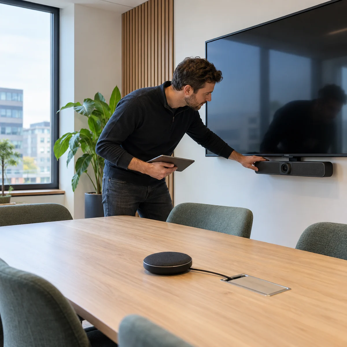 Kun je een bestaande vergaderruimte geschikt maken voor AI? AV-specialist beoordeelt een bestaande vergaderruimte met videobar en tafelmicrofoon.