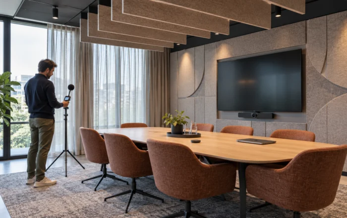 Een specialist meet de akoestiek in een vergaderruimte met wandpanelen, plafondbaffles en een videobar.
