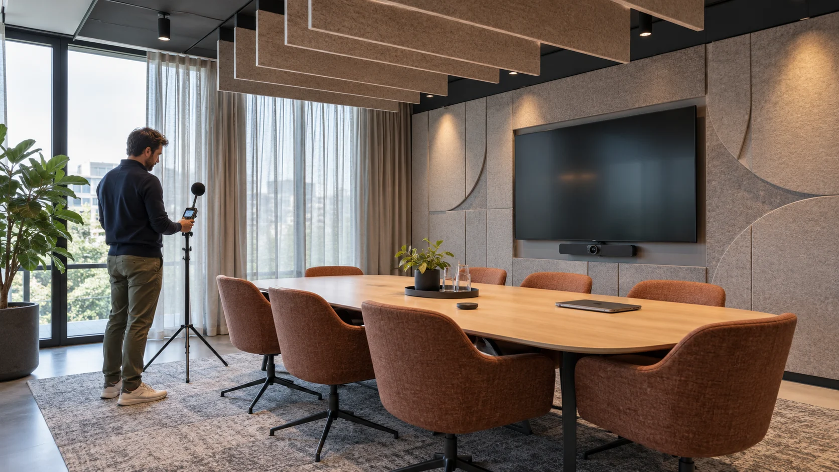 Een specialist meet de akoestiek in een vergaderruimte met wandpanelen, plafondbaffles en een videobar.