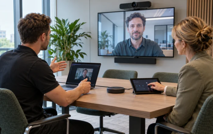 Twee collega’s testen beeld, geluid en bediening tijdens een videovergadering in een ingerichte vergaderruimte.