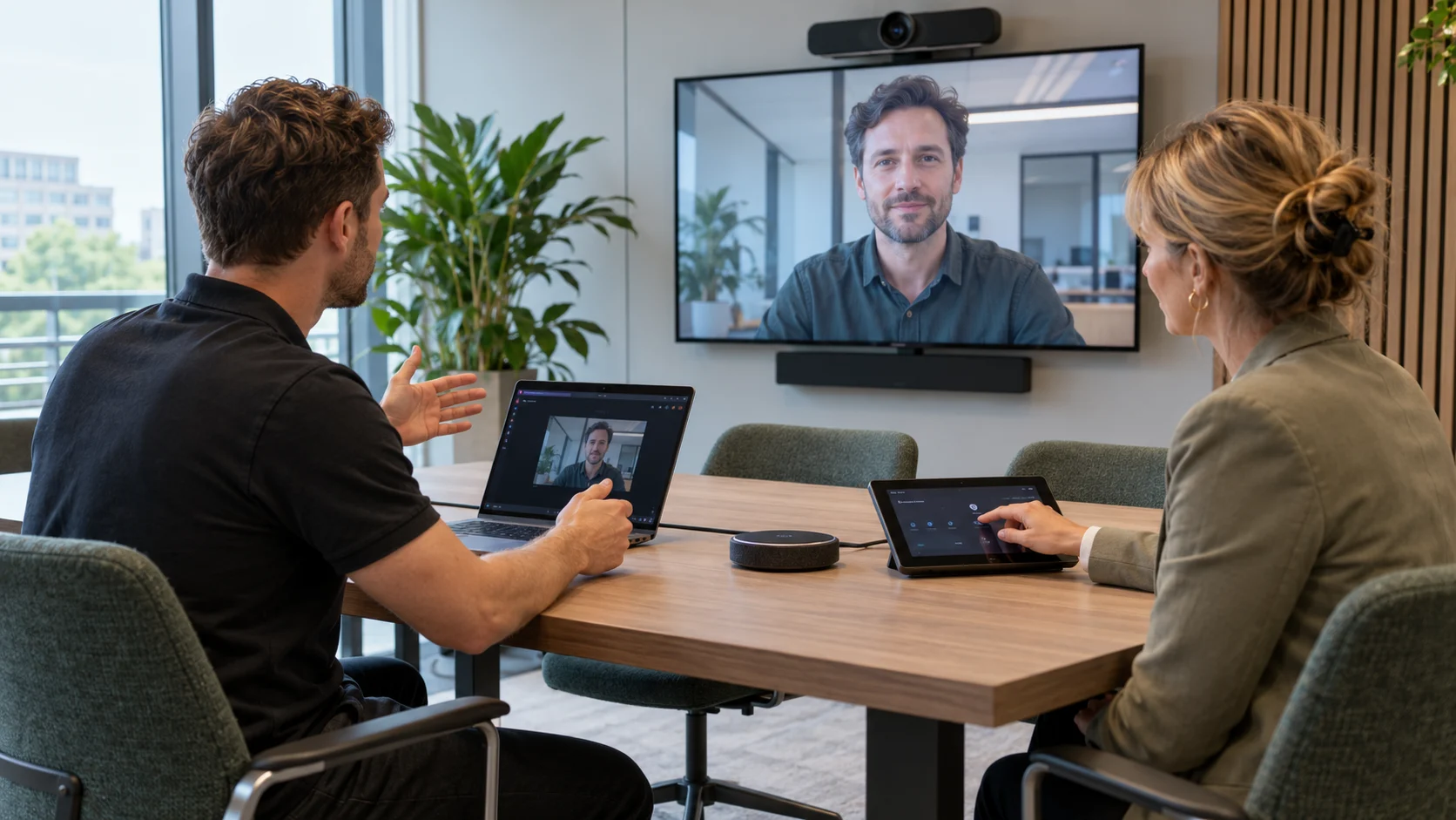 Acceptatietest van een AV-installatie Twee collega’s testen beeld, geluid en bediening tijdens een videovergadering in een ingerichte vergaderruimte.