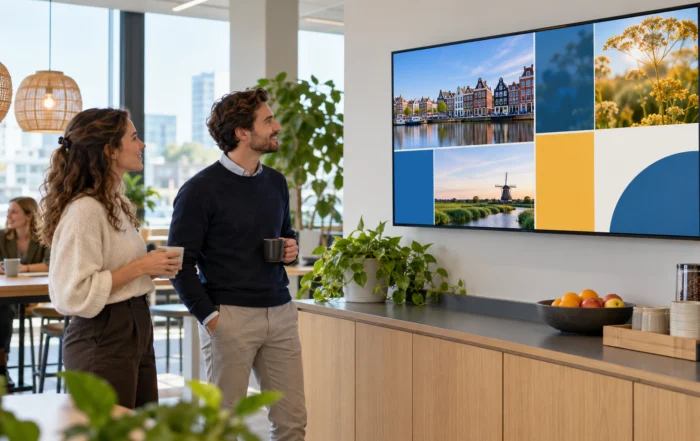 Twee medewerkers bekijken een digitaal informatiescherm in een lichte kantoorkantine.