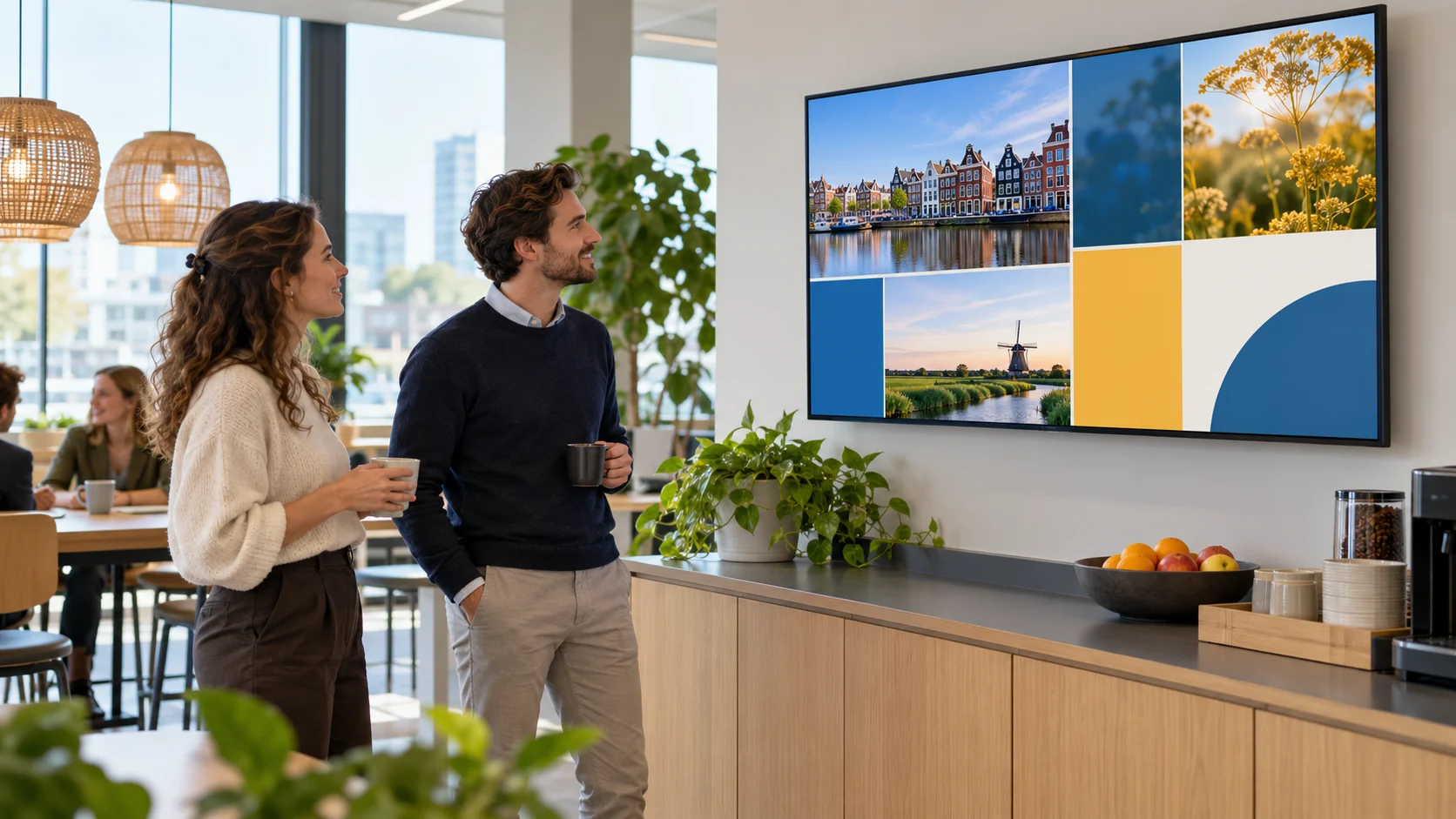 Narrowcasting voor interne communicatie Twee medewerkers bekijken een digitaal informatiescherm in een lichte kantoorkantine.