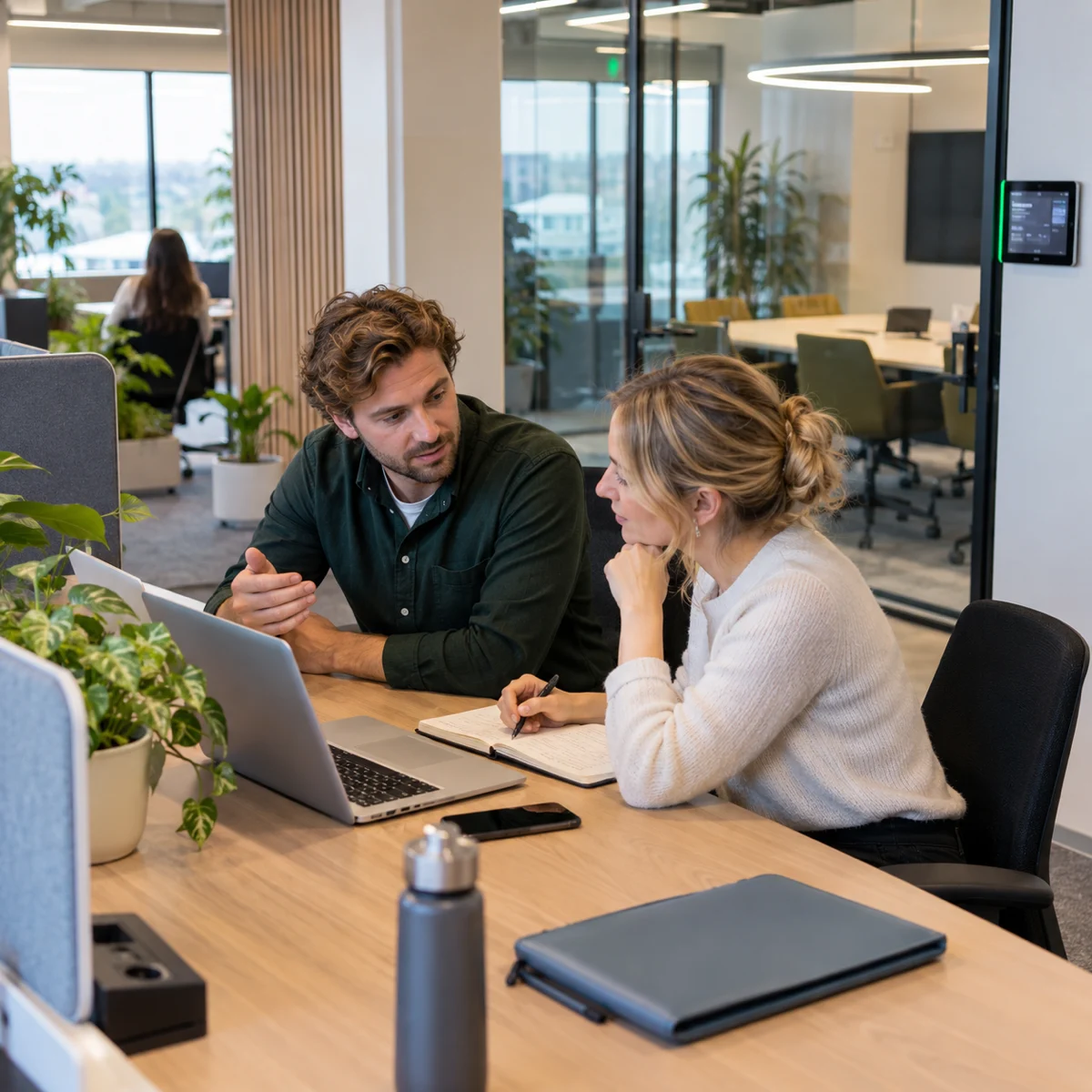 Twee collega’s bespreken boekingsregels met een agenda en notitieboek op een flexwerkplek.