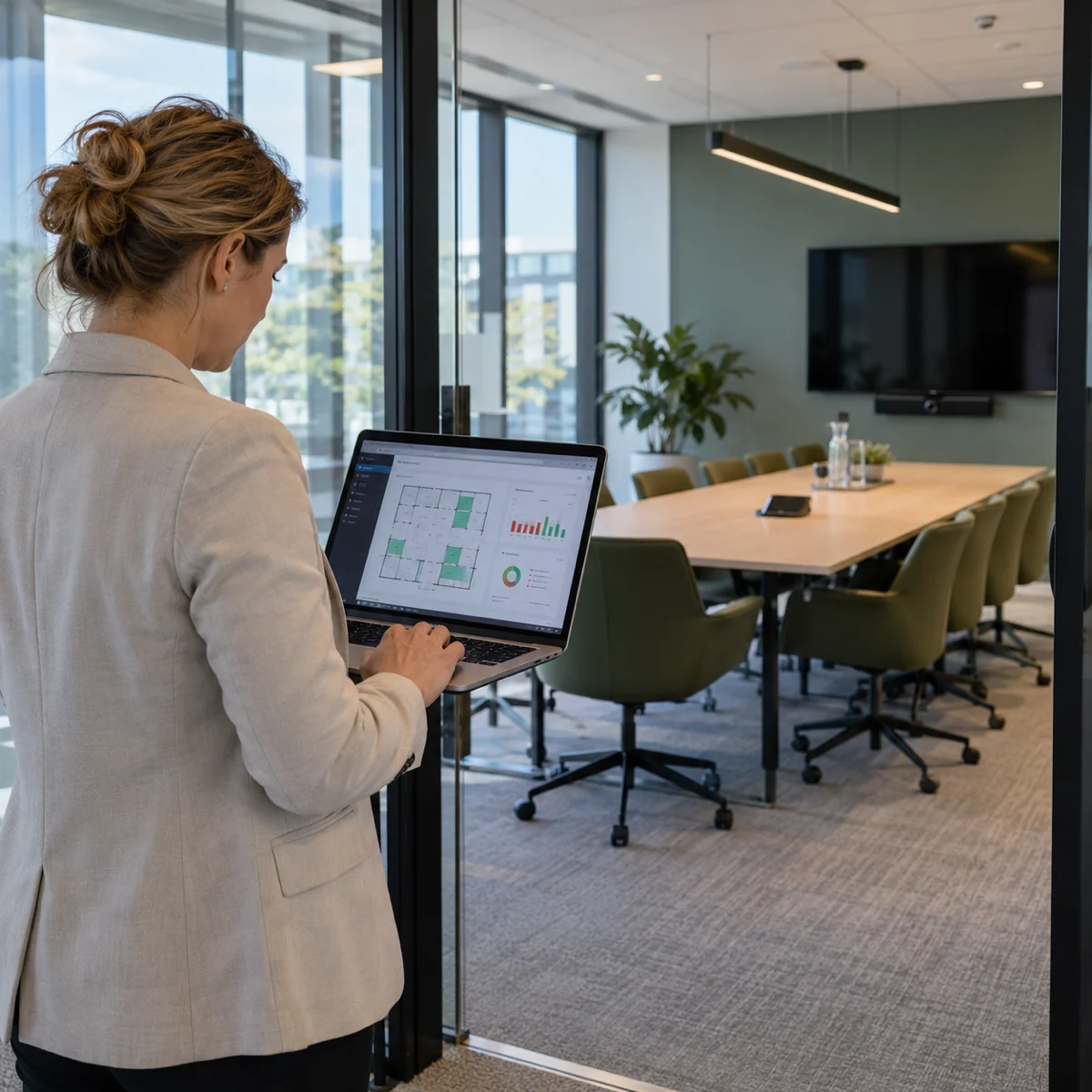 Wat is het verschil tussen gereserveerde en werkelijk gebruikte kantoorruimte? Facilitair beheerder vergelijkt ruimtegebruik op een laptop met een lege vergaderruimte.