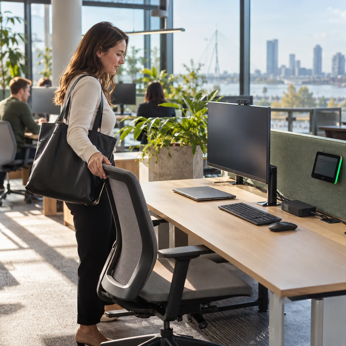 Hoe kiezen medewerkers een geschikte flexwerkplek? Medewerker kiest een flexwerkplek met monitor, dockingstation en boekingsdisplay.