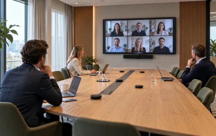 Hybride vergadering aan een lange tafel met tafelmicrofoons en een videobar onder het scherm.